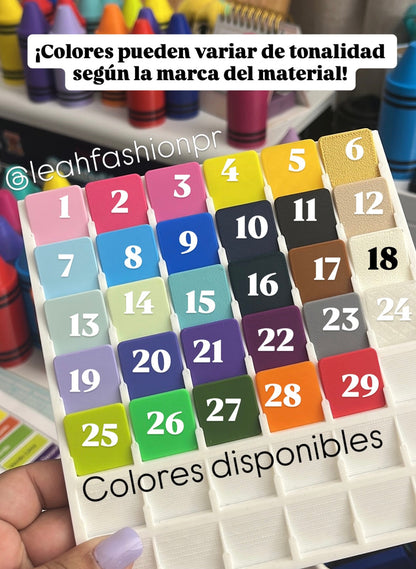 Tabla numerada de colores disponibles para nombres personalizados de lápices
